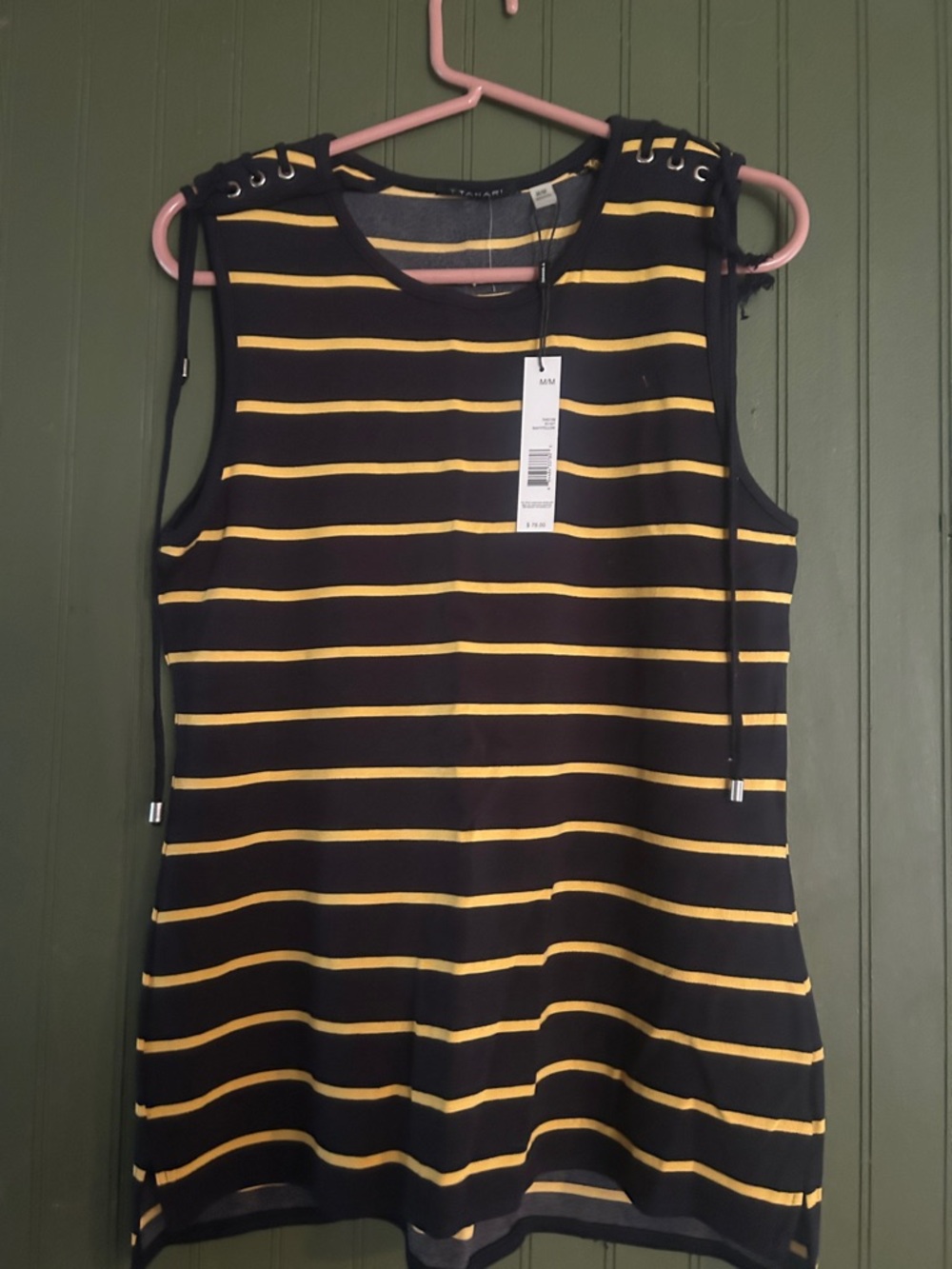 T Tahari Black and Yellow Striped Eyelet Tie Tank